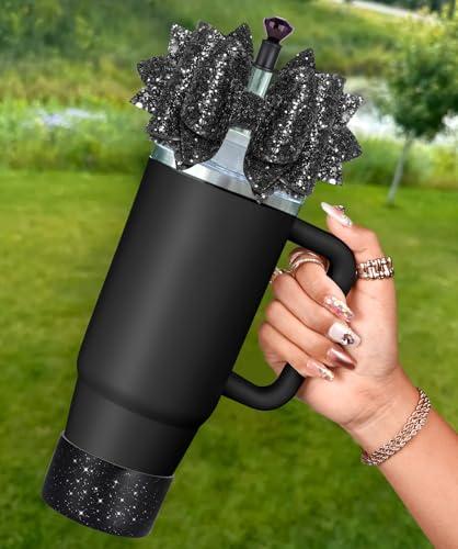 Toykee Bow Straw Topper with Cup Bootfor Stanley 40 30 oz - Bling Glitter Black Bow and Diamond Cover Caps with Bottom Protector 3 PCS Sets for Tumbler Accessories