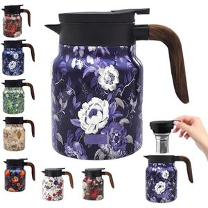 Vintage Floral Pattern Tea Pots Built-in Infuser, Vintage Floral Teapot with Built In Infuser Stainless Steel Thermal Carafe with Lid for Hot Drinks, Blue(Wooden handle,35oz)