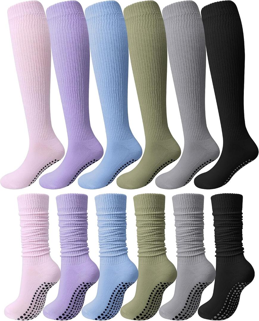 Eurzom 6 Pairs Long Pilates Socks with Grips for Women Tall Knee High Pilates Yoga Slouch Scrunch Non Slip Socks for Yoga Barre Workout Home Hospital