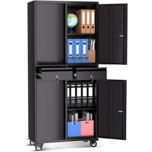Metal Storage Cabinet, 73'' with Wheels, Lockable Doors, 2 Drawers, and Adjustable Shelves for Garage, Workshop or Office - Black