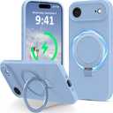 Compatible with iPhone Air Case with Stand, Full Camera Protection Slim Liquid Silicone Phone Cases for iPhone 17 Air Compatible with MagSafe Magnetic Ring Kickstand Case 6.5", Light Blue