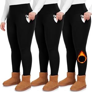 GROTEEN 3 Pack Plus Size Fleece Lined Leggings with Pockets for Women-High Waist Thermal Workout Winter Warm Yoga Pants Black/Black/Black , Size Plus Size 3XL