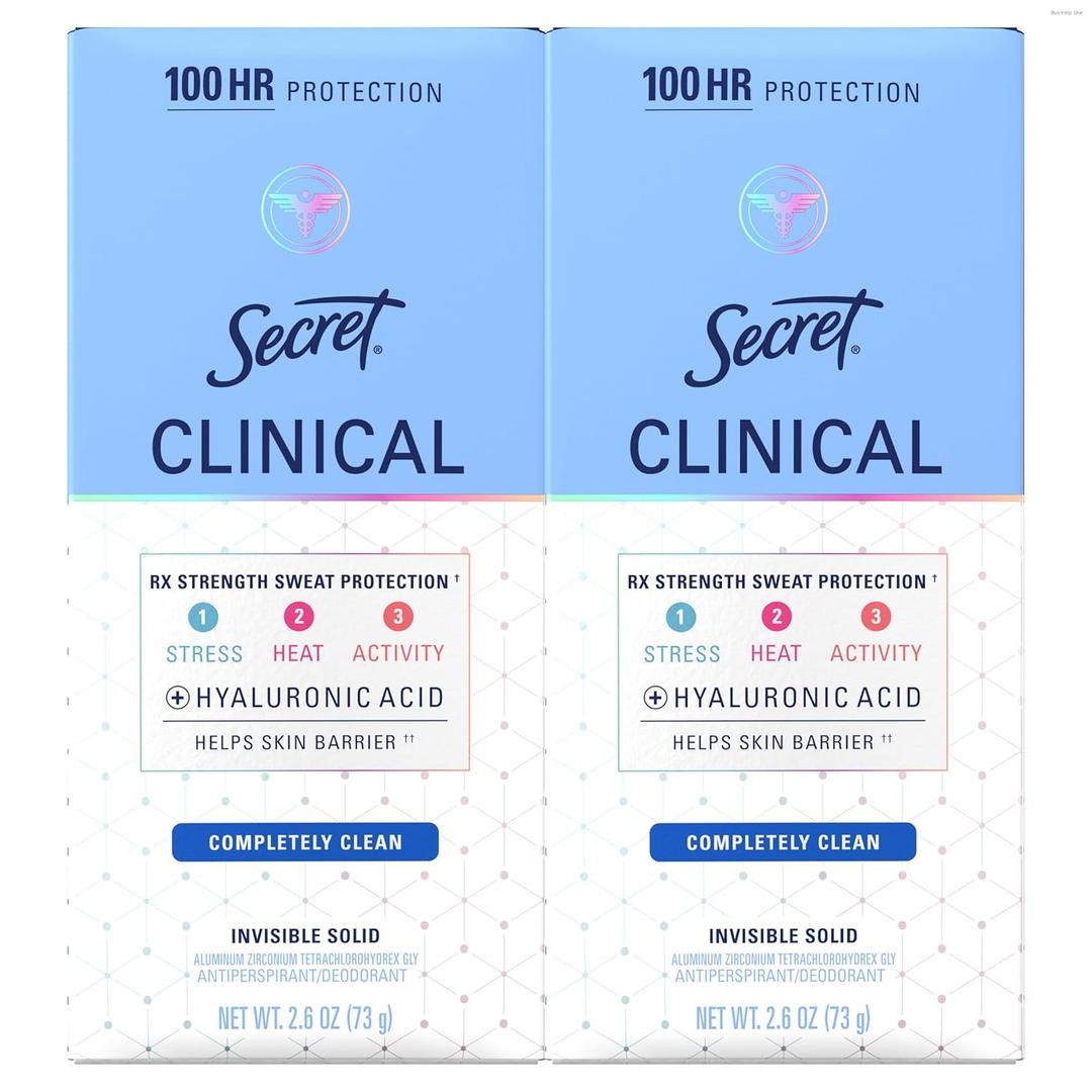 Secret Clinical Strength 100HR Sweat & Odor, Completely Clean Invisible Solid Antiperspirant Deodorant for Women, 3X Stress Protection with Hyaluronic Acid, Completely Clean Scent, 2.6 oz (Pack of 2)