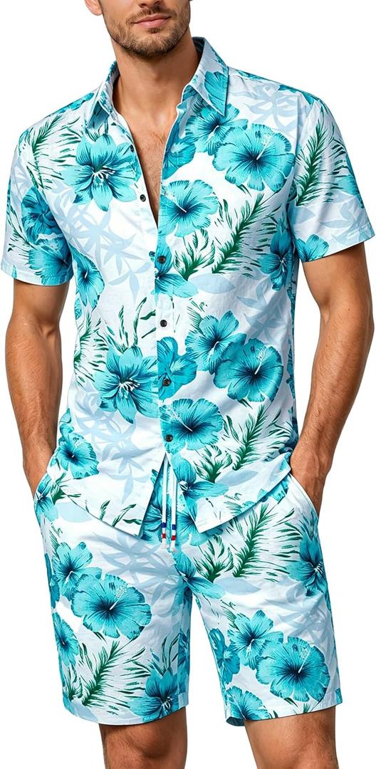 JOGAL Men's Flower Casual Button Down Short Sleeve Hawaiian Shirt Suits (L)