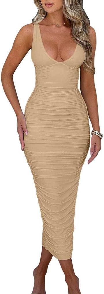 BEAGIMEG Women's Sexy Ruched Sleeveless Deep V Elegant Cocktail Evening Party Maxi Dress (Medium, Khaki)