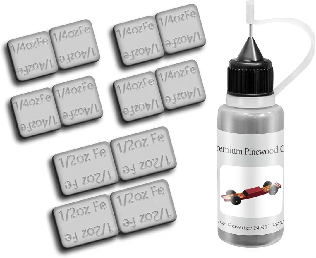 DerbyCraftPro Pinewood Car Weights Kit |4oz Derby Car Weights+0.5oz Graphite Powder|Graphite Lubricant Works on Pine Wheels & Axles|Lead-Free Low-Profile Weights Adjust The COG, Easy Peel & Stick (Gray)