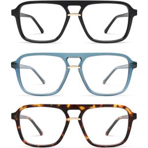 AMOMOMA 3 Pack Trendy Aviator Reading Glasses for Women Men Stylish Square Blue Light Blocking Readers AM6164 (Shiny Black+Blue+Brown Tortoise)