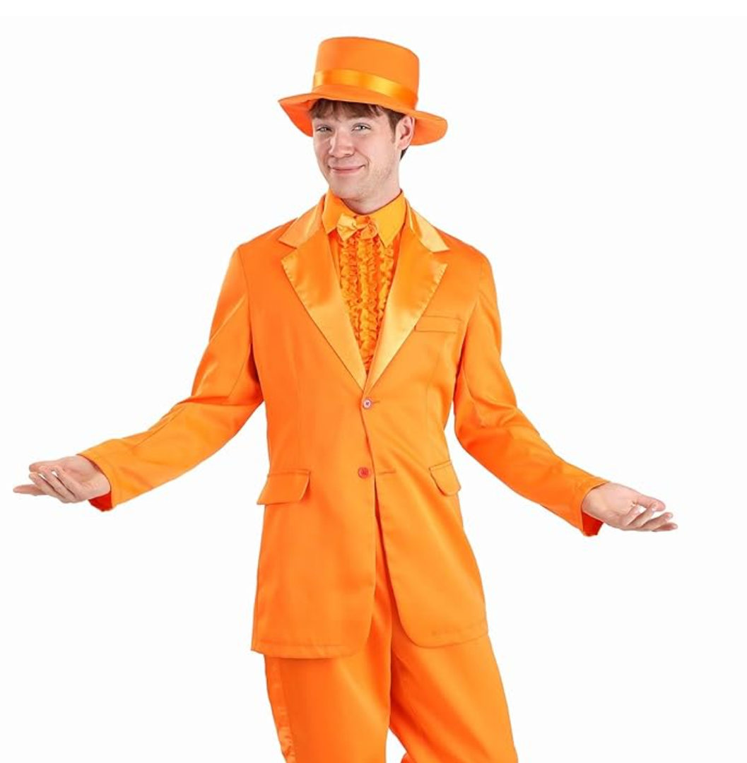 Orange Tuxedo Costume For Adults | Bright Comedy Movie Suit Includes Jacket, Pants, Ruffled Shirt Front, And Hat , Size XL