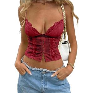 WDIRARA Women's Lace Low Cut Cami Crop Top Sexy Y2k V Neck Going Out Camisole Tops (Large, Burgundy)