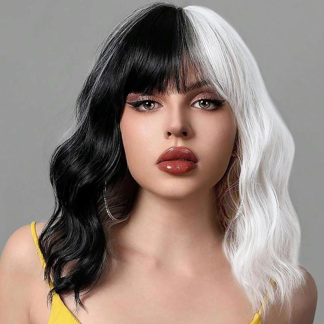 Black and White Wig for Women Short Wavy Wig with Bangs Bob Curly Wich Wigs Women's Colorful Synthetic Shoulder Length for Cosplay Halloween Party