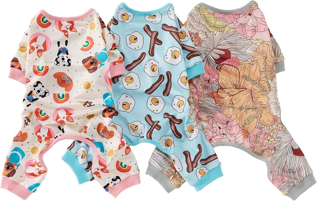 3 Pack Dog Pajamas Onesie for Small & Medium Dogs - Polyester, Cozy, Wrinkle-Resistant Four-Legged Apparel (Small, Eggs, Floral, Animals)