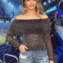 FEMLE Women Sparkly Off The Shoulder Sheer Mesh Tops Glitter See Through Long Sleeve Foldover Top Party Concert Outfits (M)