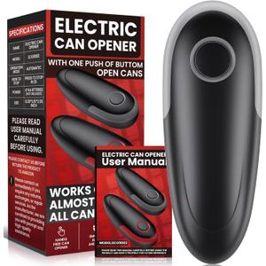 One Touch Electric Can Opener Fits All Can Sizes, Electric Can Openers for Kitchen Food Safe with Smooth Edge, Kitchen Gadgets Battery Operated Can Openers for Seniors, Arthritis and Chef Black+Grey