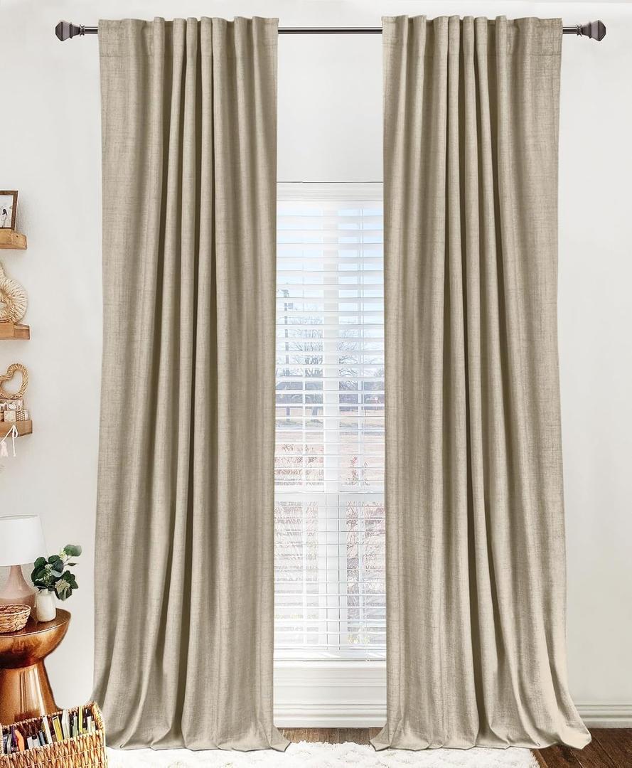 100% Blackout Shield Linen Blackout Curtains for Bedroom 96 Inches Long, Back Tab/Rod Pocket Living Room Drapes, Thermal Insulated Blackout Curtains 2 Panels Set, 50" W x 96" L, Oatmeal