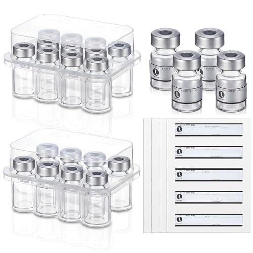 Threlaco 20 Pcs 1ml Sealed Sterile Empty Vials with Self Healing Injection Port Glass Penicillin Bottle with 20 Label Stickers (Aluminum)