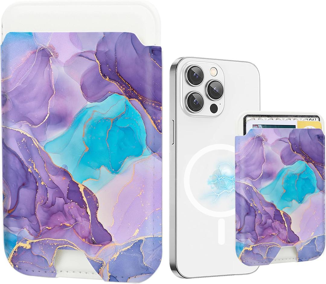 for Magsafe Wallet, Magnetic Wallet Card Holder for iPhone 17/16/16e/15/14/13/12 Pro/Max/Plus/Mini Case, Strong Magnet Phone Pocket Cute Design Credit Card Fit 3 Cards (Purple Blue Marble)
