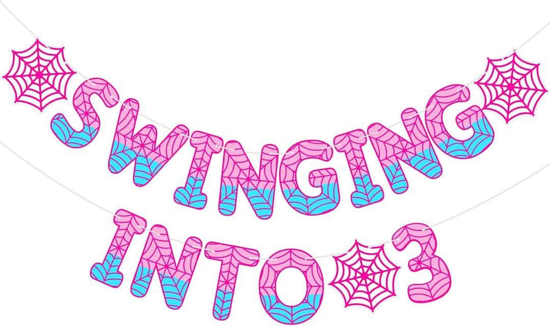 TaoBary Spider Theme 3rd Birthday Banner, Pre-strung Swinging into 3 Banner, Ghost Spider 3rd Birthday Decorations Party Supplies for Kids, Third Decor for 3 Year Old Boys Girls(Pink and Blue)