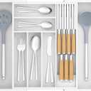 Bamboo-Silverware-Drawer-Organizer-Kitchen, Expandable Utensil Holder Cutlery Tray Flatware Organization Adjustable Wood Tableware Dividers Storage (with Removable Knife Block)(White) (Large)