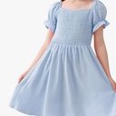 GORLYA Girls Puff Sleeve Square Neck Boho Frilly Smocked Shirred Flared Midi Dress 4-14T