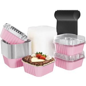 25 Pack Square Mini Cake Pans with Lids,Mini Loaf Pans with Lids,Aluminum Foil Baking Cups,Disposable Ramekins Cupcake Cups,Dessert Cups for Wedding Birthday Party Picnics,5oz (Pink)