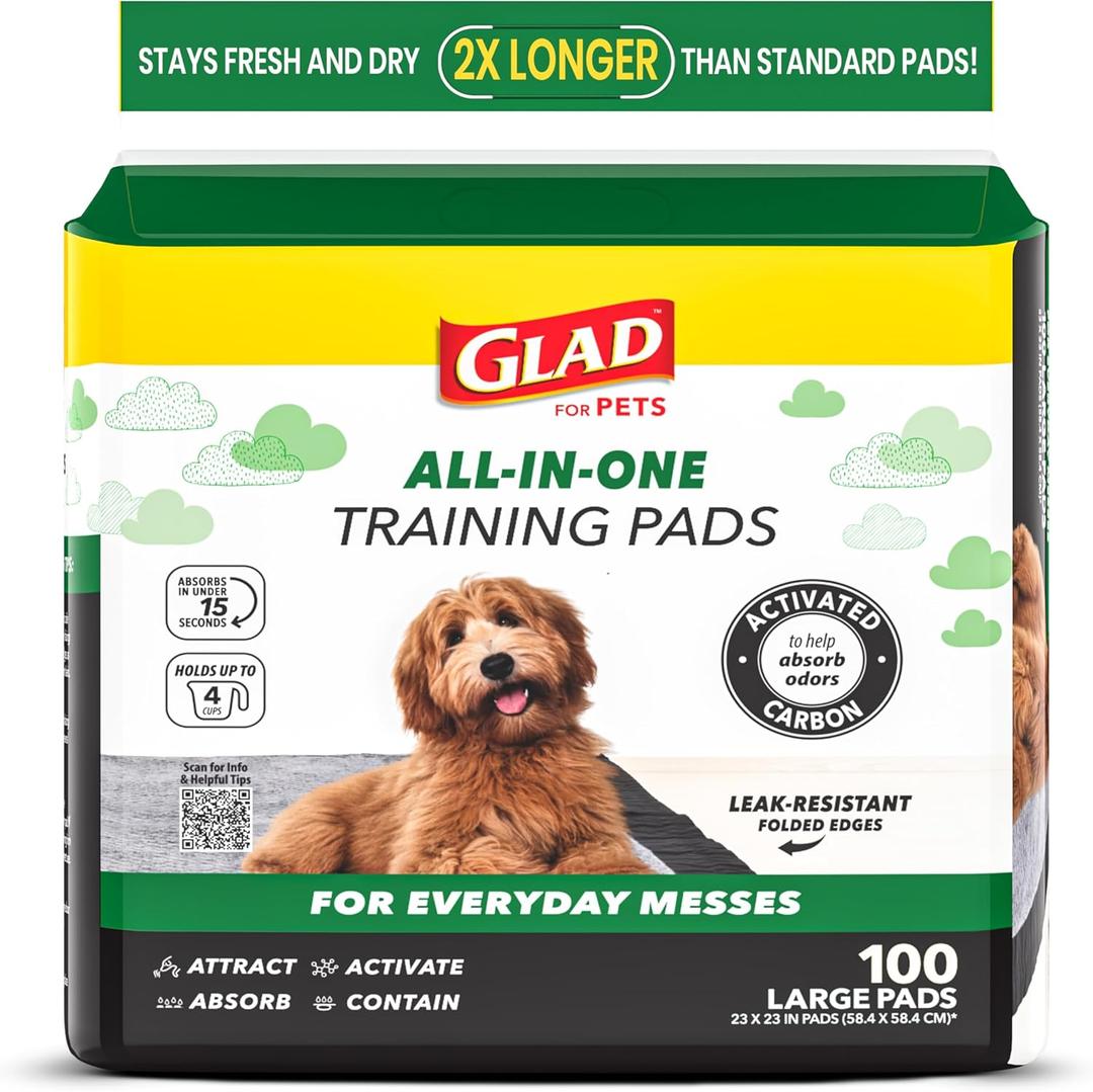 Glad for Pets Black Charcoal Puppy Pads - 6-Layer Leak-Proof Construction, Activated Carbon Odor Control, Pheromone Attractant - Disposable Dog Pee Pads for Potty Training, 23 x 23 in, 100 Count