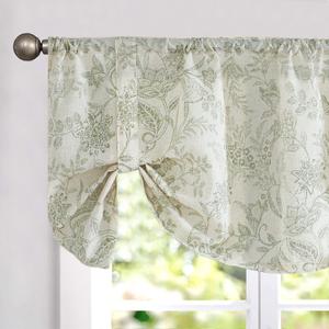 Kitchen Tie Up Valance Curtain Linen Floral Farmhouse Valance for Living Room Bathroom Bedroom Country Valances Window Treatments Small Cafe Curtian 18 Inch Rod Pocket 1 Panel Green on Beige