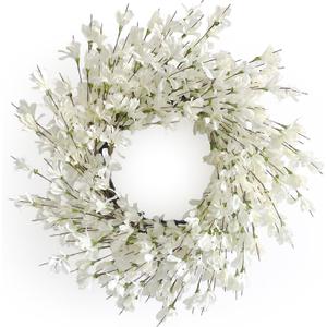 Summer Wreath for Front Door, 24 Inch White Cream Forsythia Summer Spring Wreath Blossom Cluster Flower Farmhouse on Grapevine for Christmas Festival Celebration Front Door Wall Window Hanging Dcor