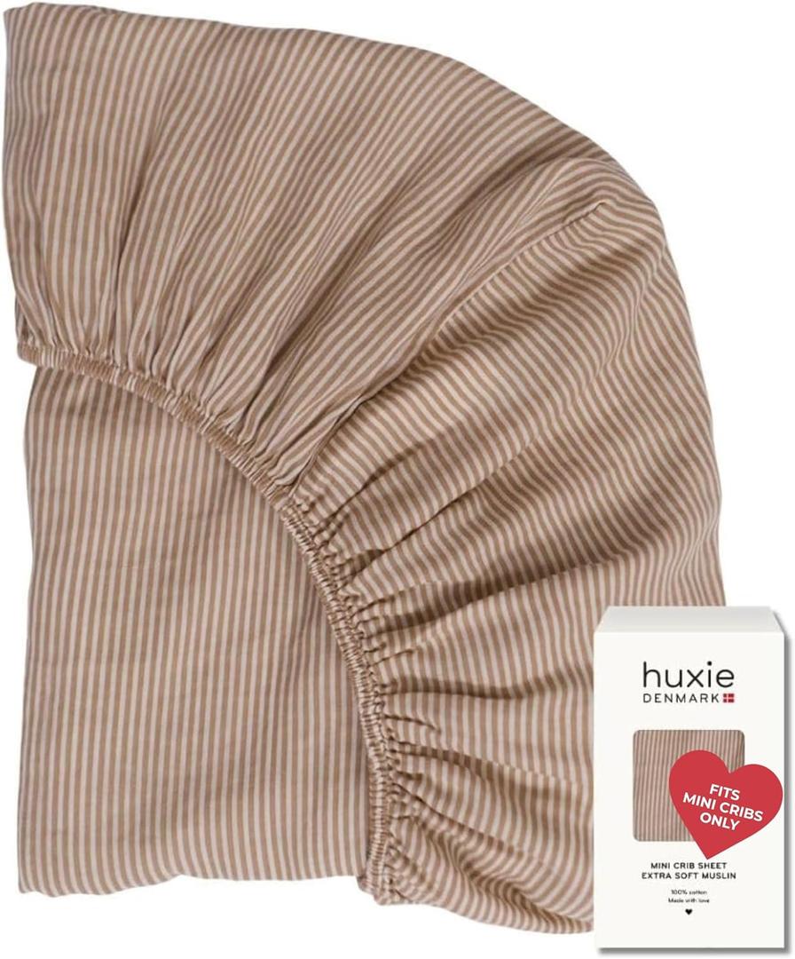 24 x 38 Mini Crib Sheets - Organic Cotton Muslin Fitted Crib Sheet Fitted for Pack and Play - Ultra-Soft and Breathable Crib Sheets for Boys and Girls (Mini Natural Stripe)