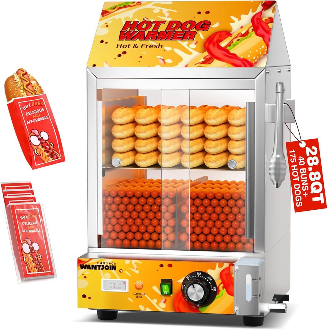 Hot Dog Steamer - 28.8QT/27L Adjustable Temperature Electric Hot Dog Steamer with Bun Warmer, Visible Glass Sliding Door, Suitable for 175 Hot Dogs &40 Buns (Yellow)