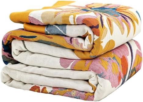 VANJOROY Boho Large Throw Blanket, 100% Organic Cotton Breathable Soft Bed King Throw - Fall Floral Bird Butterfly Farmhouse Decor Blanket for Sofa Couch Chair and Gift. 91" x 98"