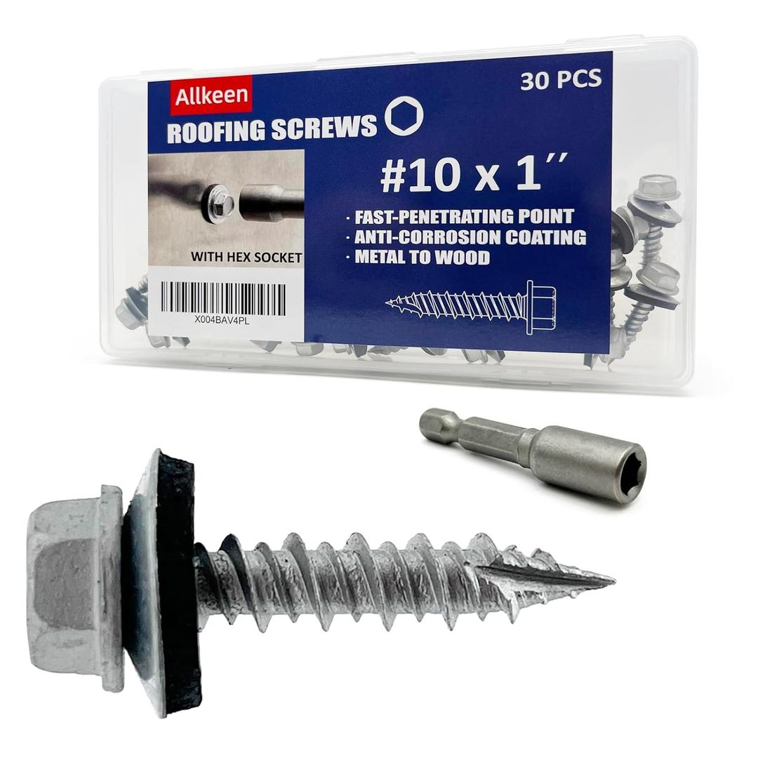 #10 x 1 Hex Head Sheet Metal Roof Screws, Rustpert Coating Metal to Wood siding Screws, 30 Pieces (30 Pcs, Silver)