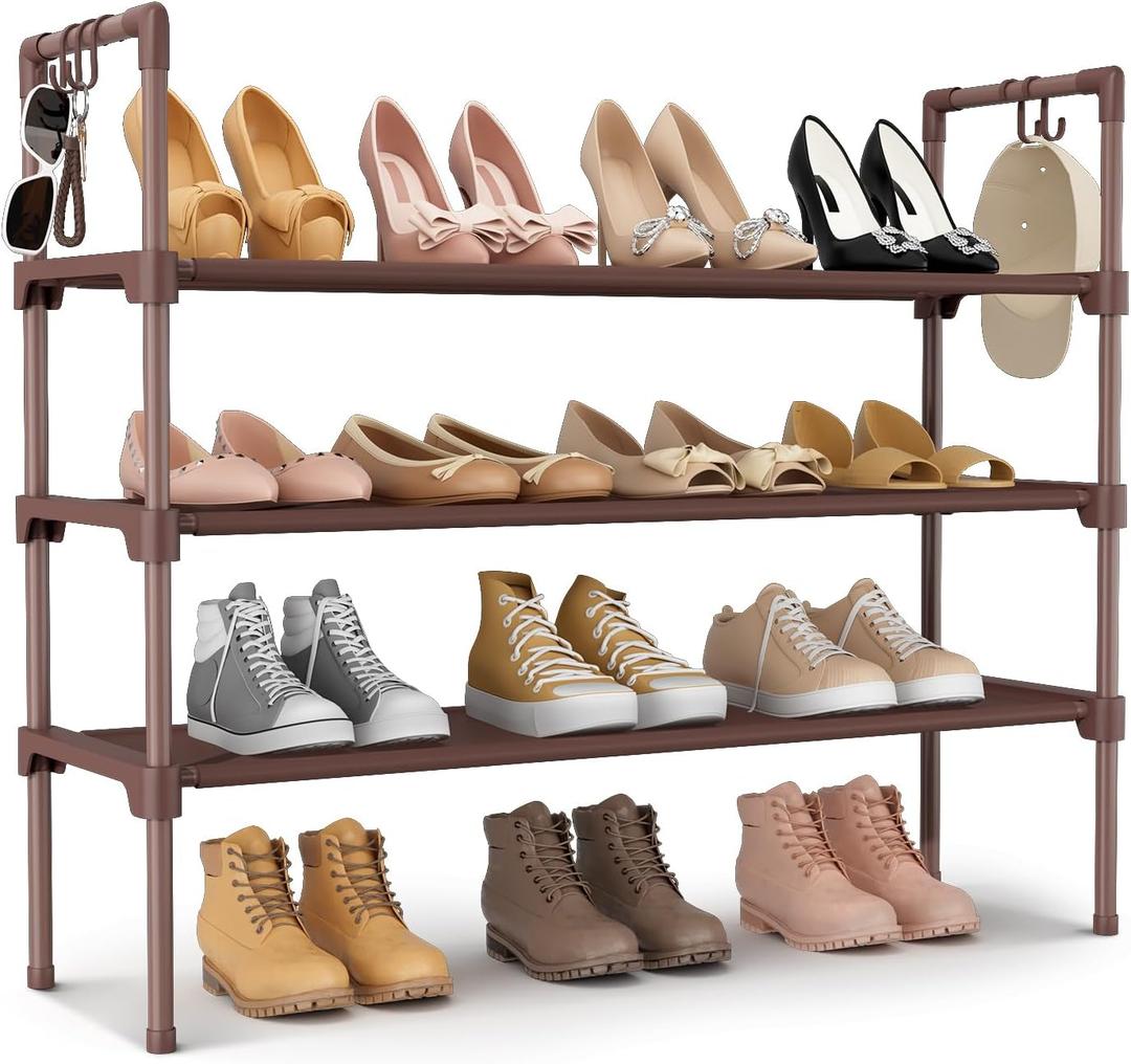 3 Tier Shoe Rack for Closet Shoe Organizer with 5 Hooks, Long Shoe Shelf Storage for Shoe and Boot Stackable Free Standing Shoe Rack for Entryway, Garage, Small Spaces, Dorm, Brown