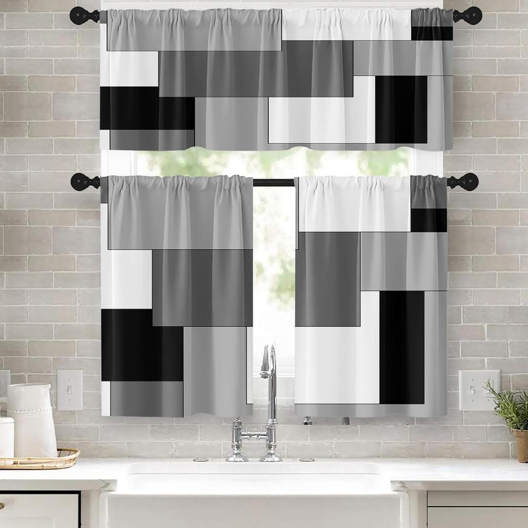Black White Gray Kitchen Window Curtains Valance and Tier Set 36 Inch, Dark Grey Modern Geometric Rod Pocket Short Tier Curtain for Bathroom, Small Cafe Drapes for Kitchen Decor