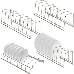 4 Pack Pot Lid Organizer for Cabinet with Plate Drying Rack, Stainless Steel Pot Lid Holder for Kitchen, Small Dish Drainer, Serving Trays Container, Counter Storage Shelf for Pans Pots Cutting Boards