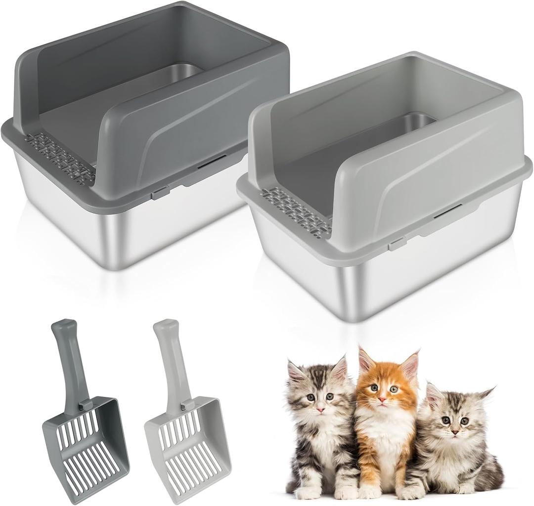 2 Pack Kitty Stainless Steel Litter Box, Large Rabbit Litter Box with Scoop, Small Animal Toilet for Kitten, Rabbit, Guinea Pigs, Hamster(Dark Grey & Light Grey)