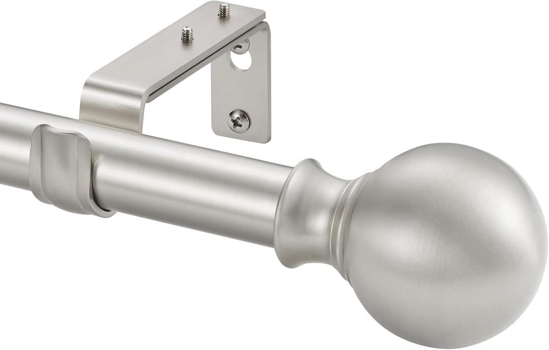 Window Curtain Rods 28 to 48 Inches, 1 Inch Diameter Adjustable Drapery Rod, Decorative Heavy Duty Curtains Rod with Fancy Round Finials for Living Room, Bedroom, Patio, Brushed Nickel
