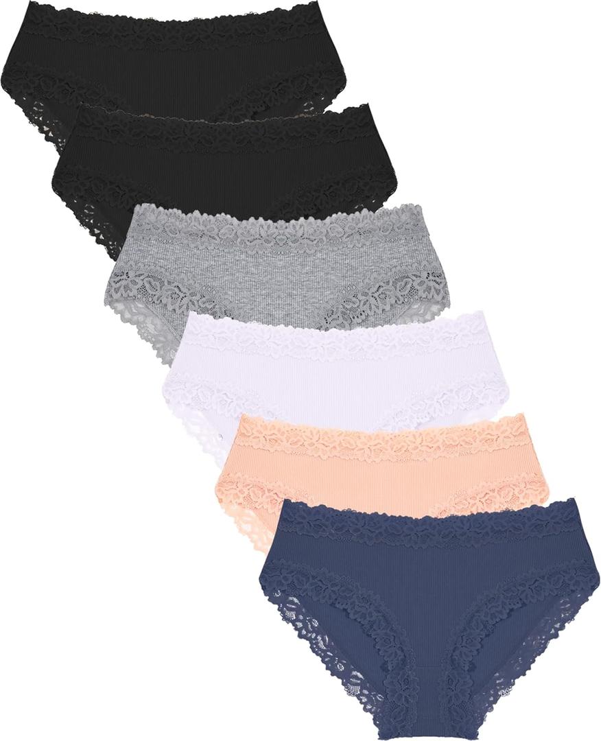 FINETOO Womens Underwear Cotton Bikini Underwear for Women Lace Wasit Hipster Panties Soft Breathable Briefs 6 Pack (Large, C 6 Pack (Black*2 White*1 Blue*1 Grey*1 Nude*1))