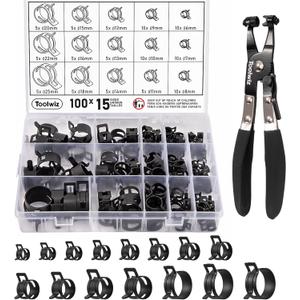 Toolwiz 100Pcs 6-25mm Spring Band Hose Clamp Assortment with Swivel Clamp Pliers, Constant Tension Radiator Hose Clamps, Black Hose Clips for Fuel Line, Silicone Vacuum Hose, Air Tube, Water Pipe