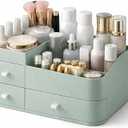 Makeup Organizer with 3 Drawers, Large Vanity Storage for Skincare, Perfume, Lipstick and Brushes, Countertop Cosmetic Holder for Bathroom, Dresser or Bedroom, Green