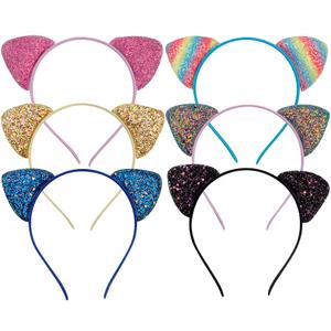 Glitter Cat Ears Headband Cat Ear Sparkly Kitty Headbands Girls Women, 6 Pack