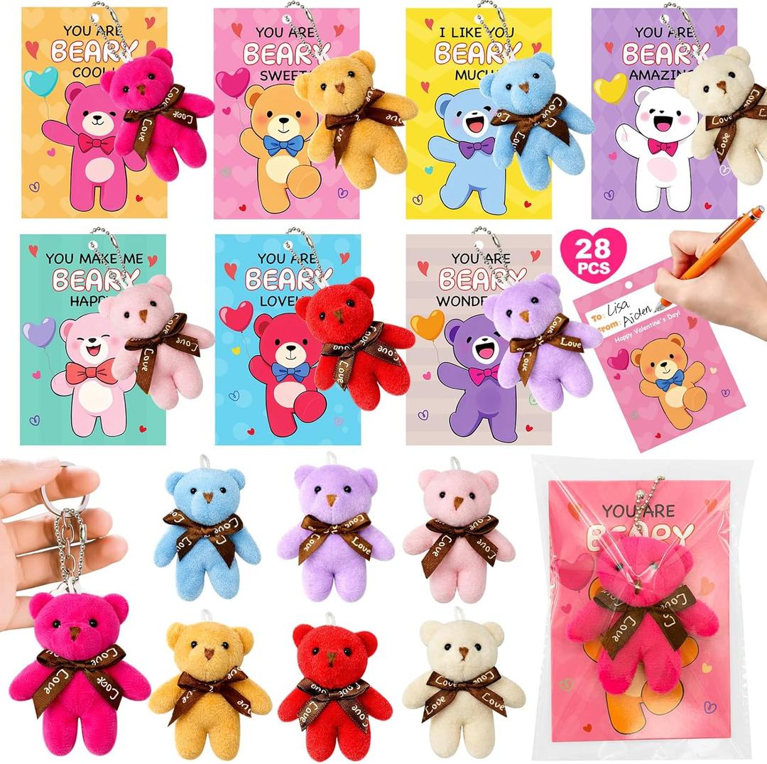 28 Pack Mini Bear Plush Toy Keychains with Easter Gifts for Classroom Prizes Exchange Gifts Prizes Easter Day Gifts for Kids Boy Girl Easter Party Favors