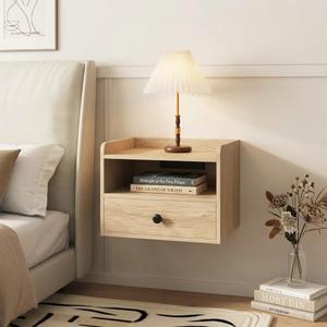 BonVache Floating Bedside Table Set of 1, Sockets and USB & USB-C, Natural