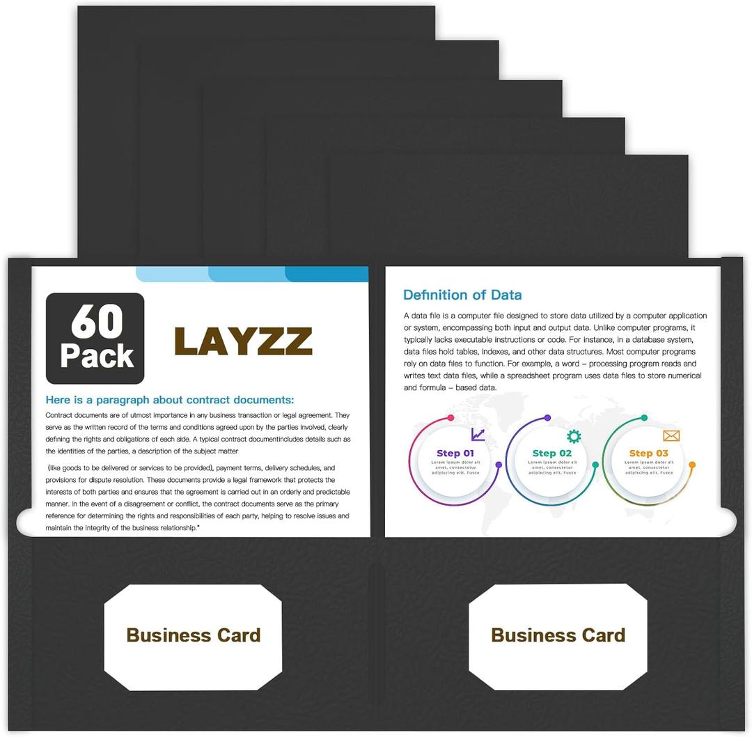 Folders with Pockets, LAYZZ 60 Pack Paper Pocket Folders, 2 Pocket File folders Fits Letter Size Paper, for School Office and Home (Black)