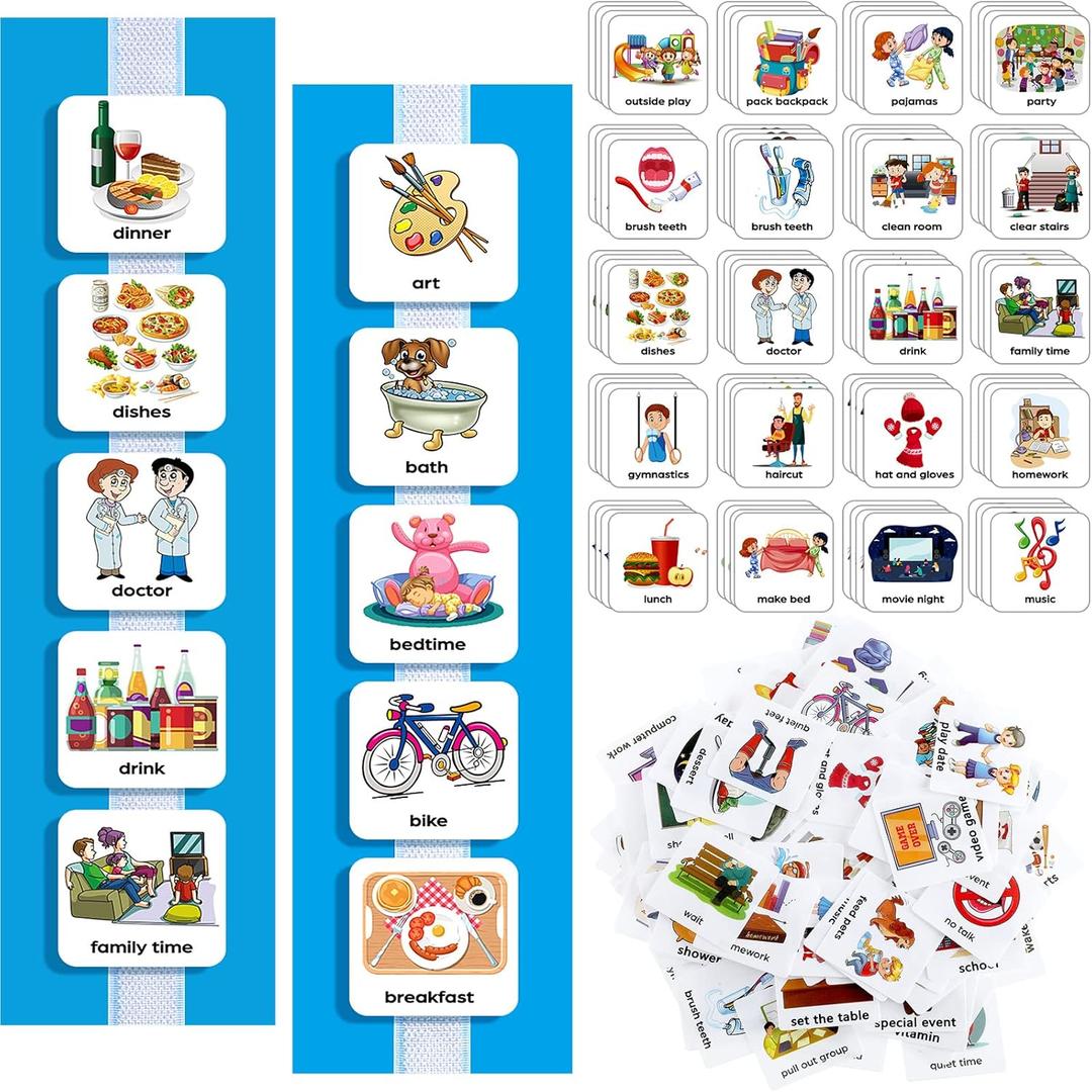133 Pieces Visual Schedule Cards Daily Routine Home Chore Chart Autism Learning Materials Wall Kids Planner With 6 Blue Background Cards 139 Hook and Loop Dots for Home School Education
