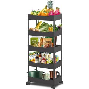 5-Tier Plastic Rolling Utility Cart, Rolling Storage Cart, Narrow Shelf, Bathroom Organizer Rolling Utility for Office, Kitchen,Bathroom,Living Room,Laundry Room