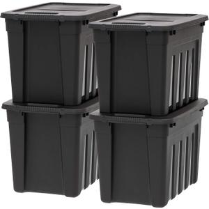 IRIS USA 20 Gallon Heavy Duty Storage Totes with Easy-Grip Handles, 4 Pack - Large Bins with Lids Garage Organizing Tubs, Durable Stackable Utility Containers, Made in USA - Black