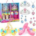 Princess Dress Up Shoes Set Girls Role Play Shoes Toddler Pretend Jewelry Toys Set Gift Set 2 Pairs of Shoes Kit Collection of Tiara Crown Earrings Necklace Rings for Girls Aged 3-6 Years Old