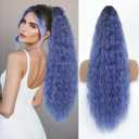 Claw Clip in Ponytail Extension 30 Inch Long Wave Curly Pony Tail Hair Extensions for Women fluffy Natural Looking Synthetic Hairpiece for Daily Use(Omber Black to Haze Blue, 30Inch)