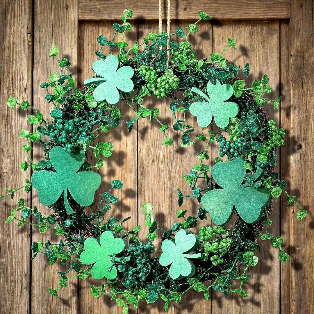 Hotop 18 Inch St Patrick's Day Front Door Shamrock Wreath Lucky Artificial Shamrock St Patrick's Day Wreath Decorative for Home Front Door Porch Wall Garden Decor Party Decoration Supplies