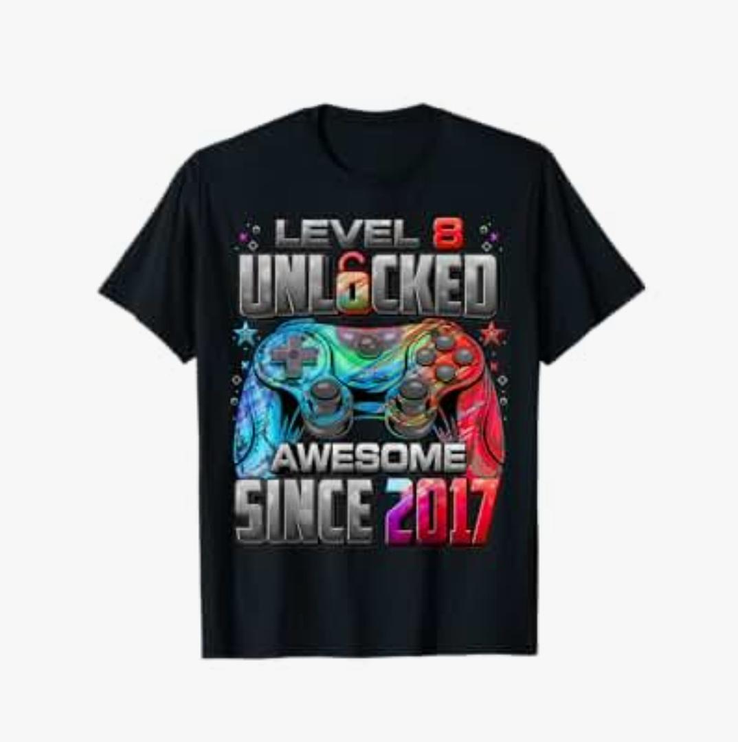 Level 8 Unlocked Awesome Since 2017 8th Birthday Gaming T-Shirt S